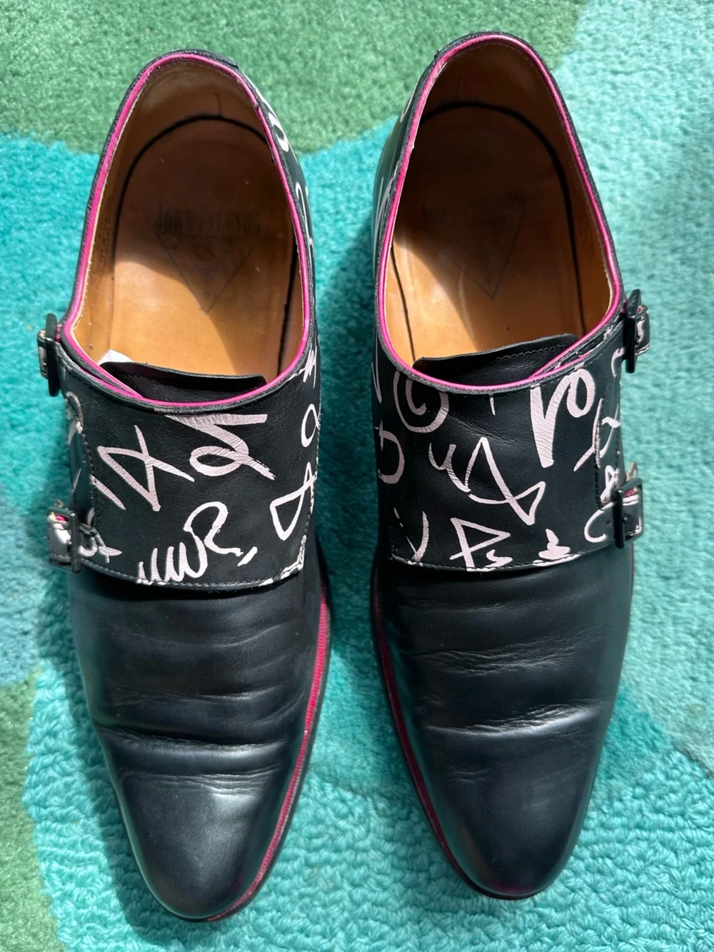 Fluevog Twin Turbine 205 Pine Street black graphic print monk strap shoe -M8/W10